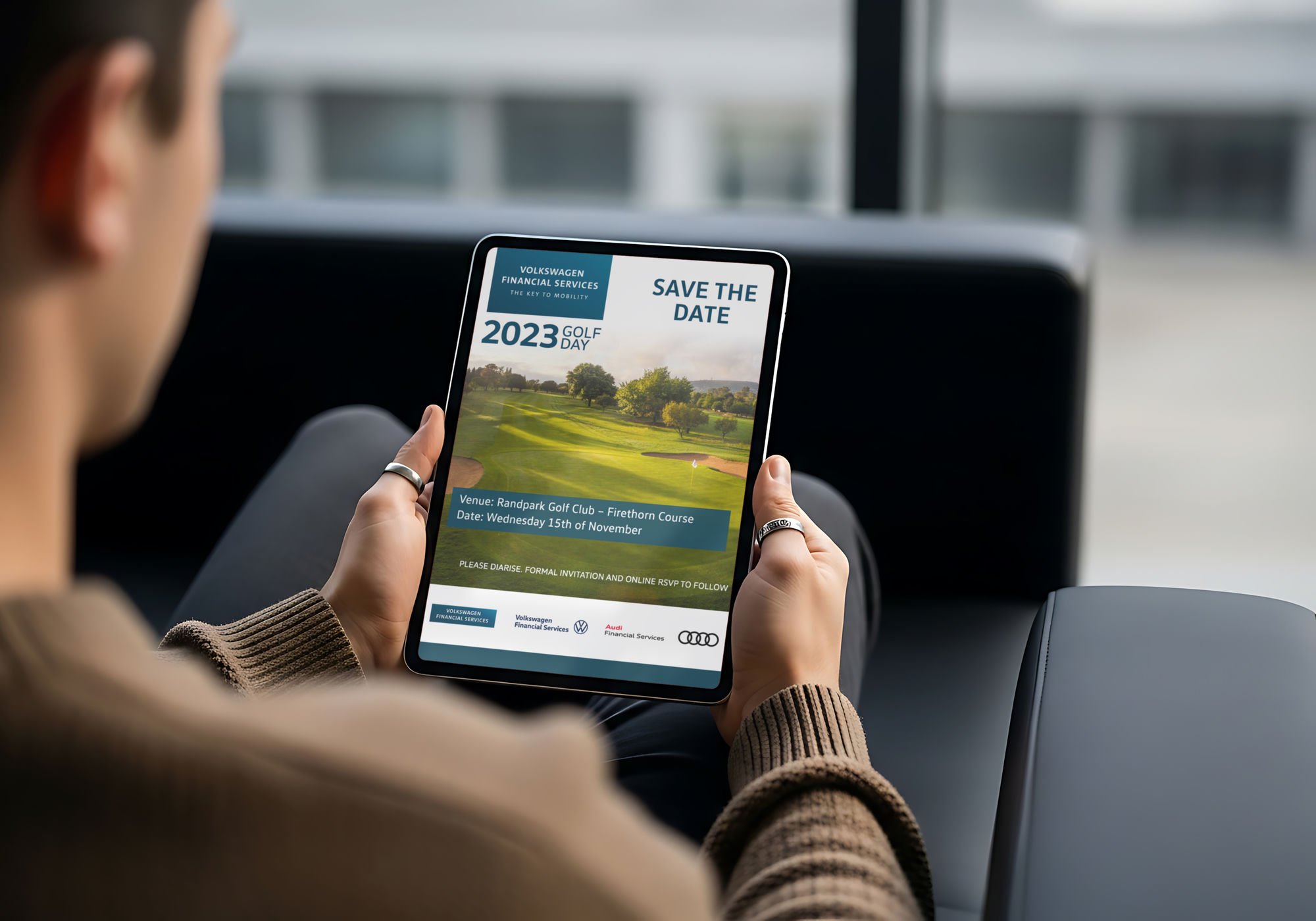 Volkswagen Financial Services Golf Day save-the-date on a tablet for Interlock Events, by Druff Agency