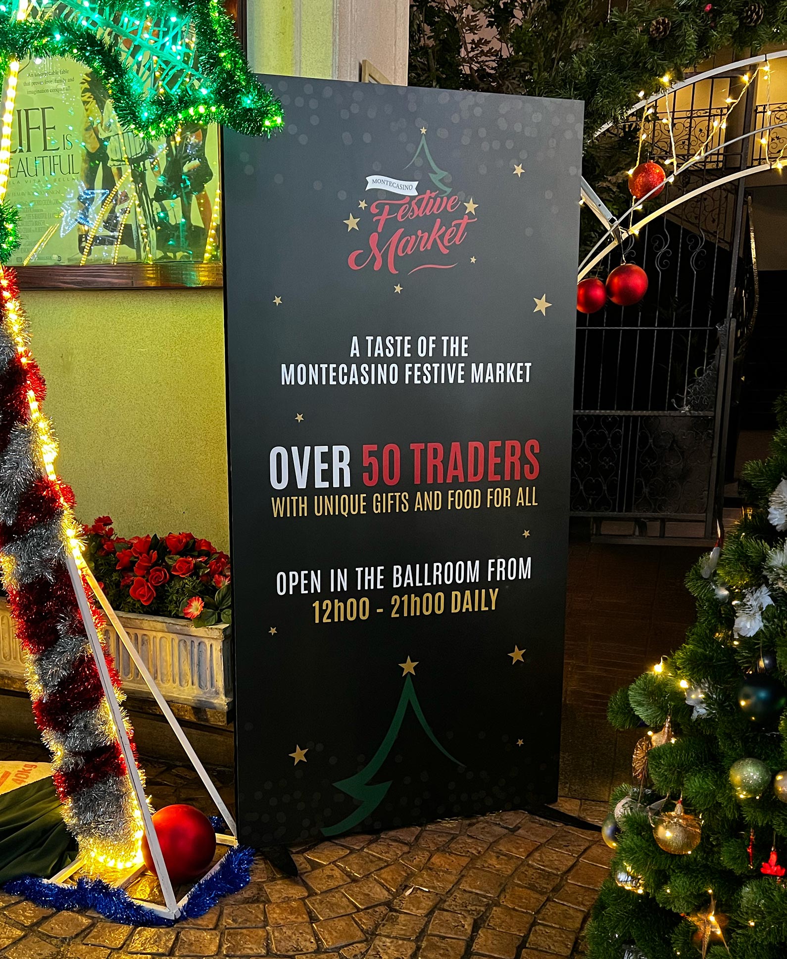 The Festive Market at Montecasino pull-up banner in the venue for Chaos Theory, by Druff Agency