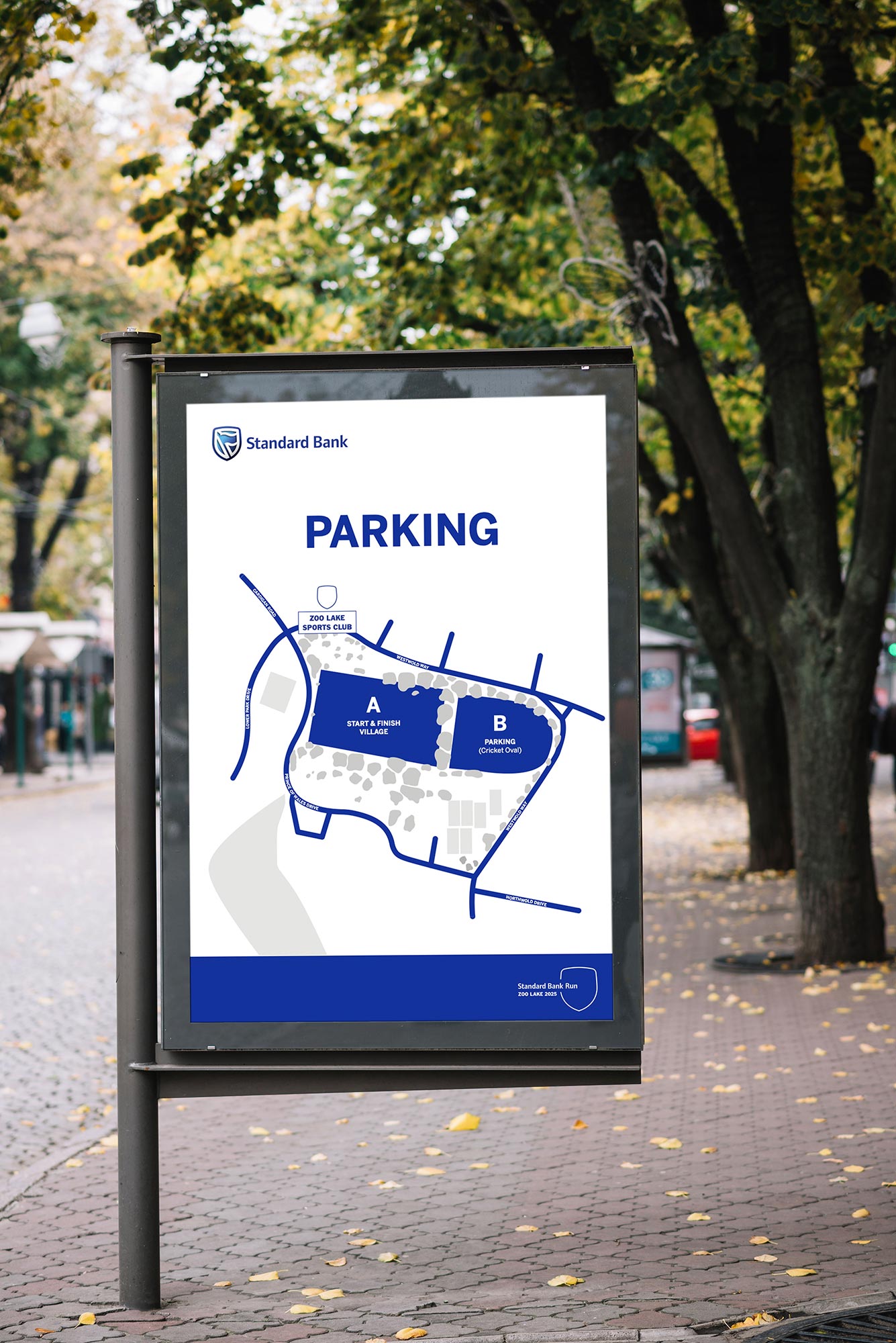 Standard Bank Run parking wayfinding poster on a street unit for Chaos Theory, by Druff Agency