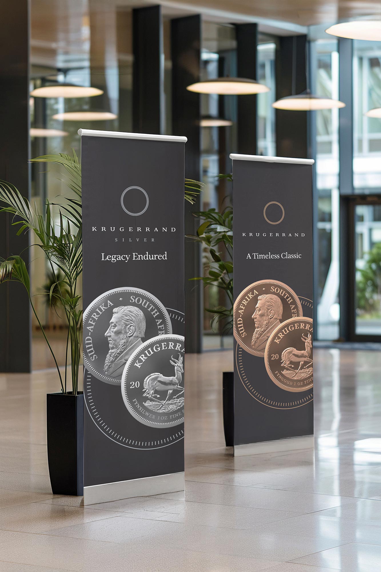Krugerrand silver and gold pull-up banners in a foyer for the South African Mint, by Druff Agency