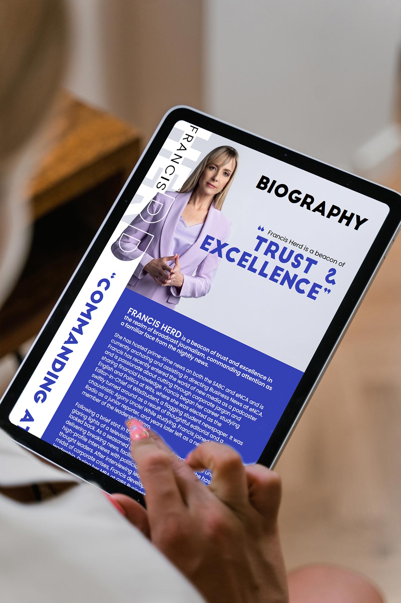 Francis Herd speaker biography on a tablet for The Speakery, by Druff Agency