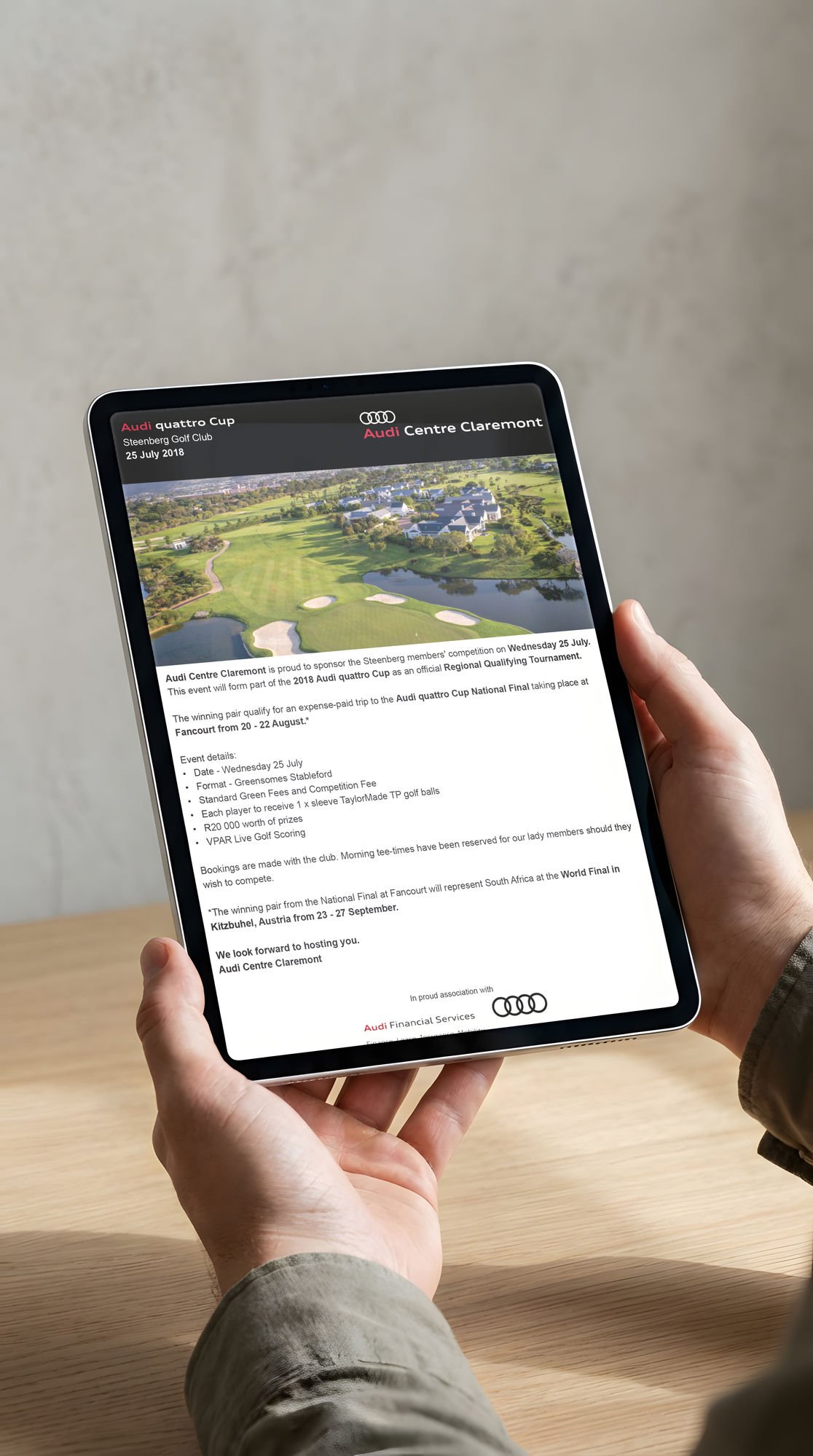 Audi quattro Cup invitation on a tablet for Interlock Events, by Druff Agency Pretoria