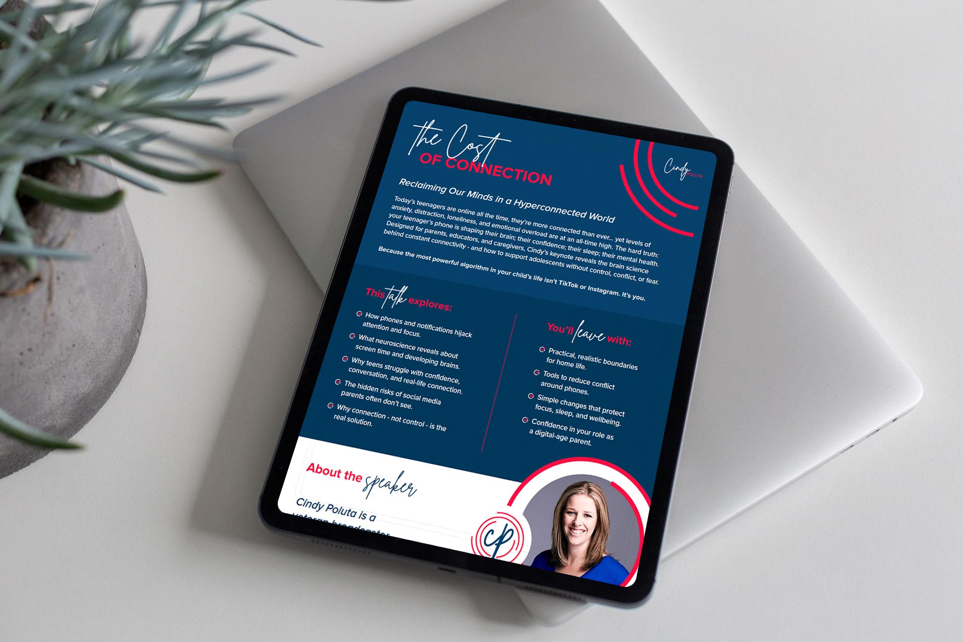 Cindy Poluta keynote flyer on a tablet for The Speakery, by Druff Agency Pretoria
