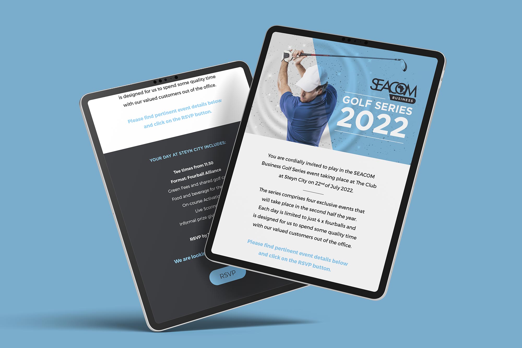 SEACOM Golf Series electronic mailer on tablets
