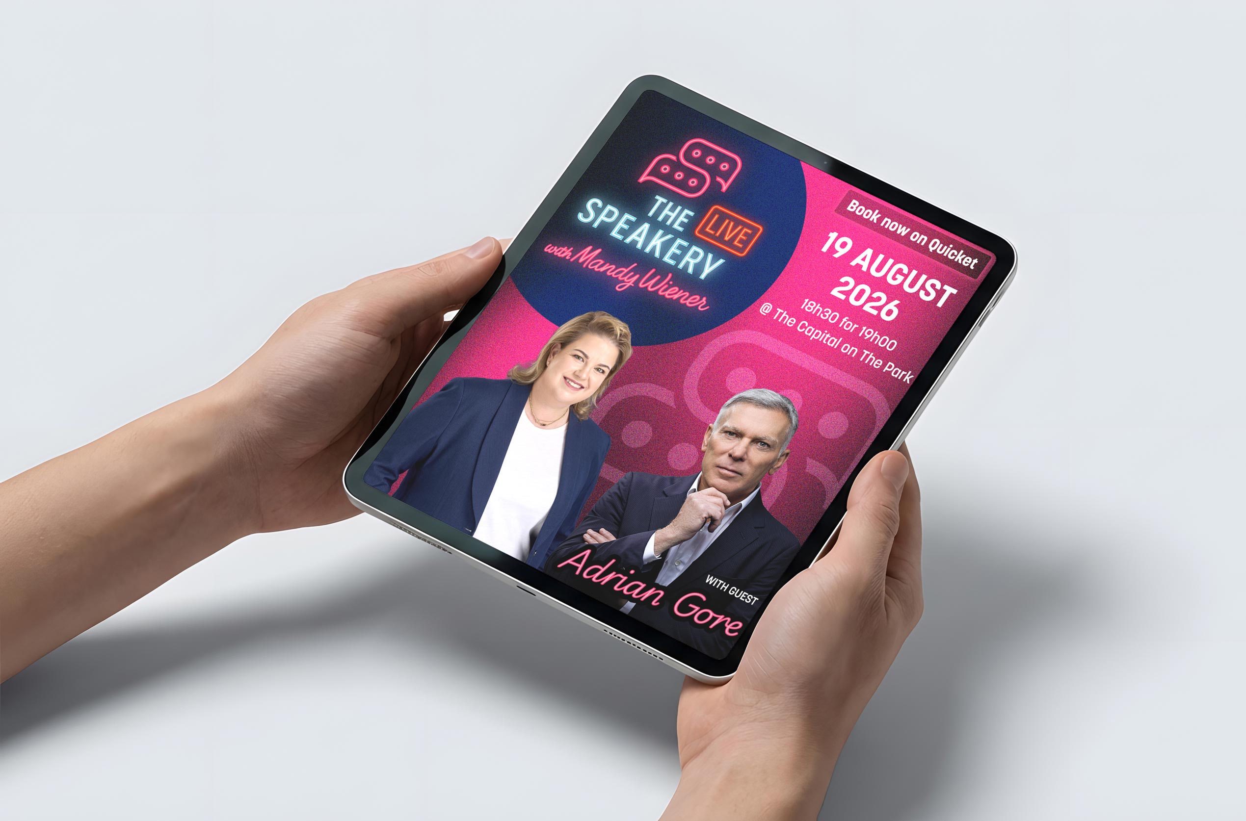 The Speakery Live event mailer on a tablet